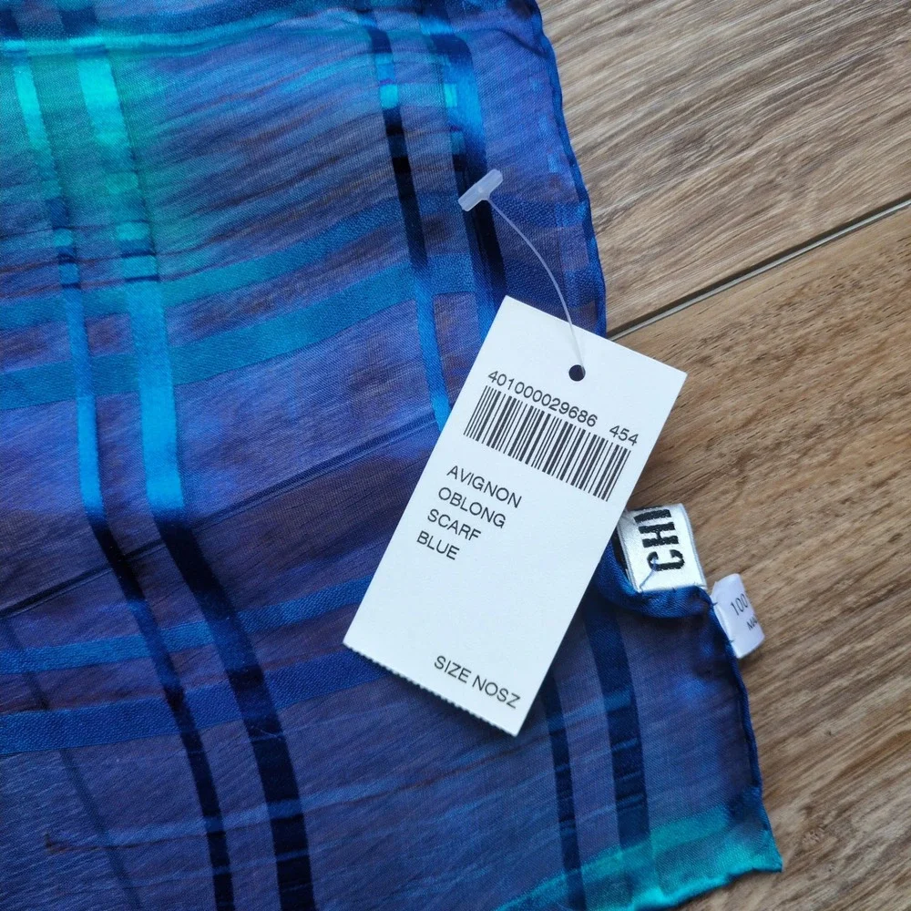 NWT Chico's Sheer Blue Geometric 100% Silk Scarf Teal Windowpane Oblong Stripe